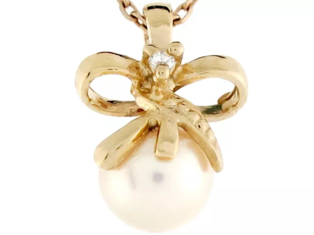 14k Yellow Gold Cultured Pearl Diamond Accent Pretty Ribbon Ladies Pendant