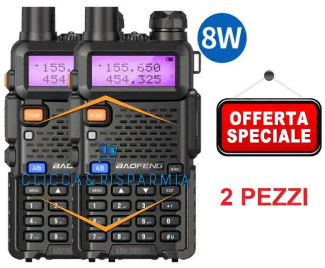 2X RICETRASMITTENTE BAOFENG UV-5R VHF/UHF 8W DUAL BAND PMR RADIO VHF 144-146 MHz