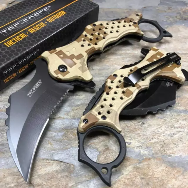 Tac Force Spring Open Knife 3" Karambit Blade Desert Camo ABS handle Knife