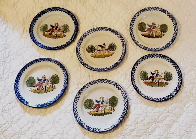 Charming Antique St. Clement Plates French Provincial Blue Spongeware Set of 6