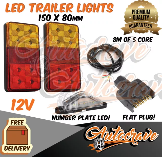 LED TRAILER TAIL LIGHTS NUMBER PLATE FLAT PLUG 5 CORE WIRE CARAVAN BOAT 150x80mm