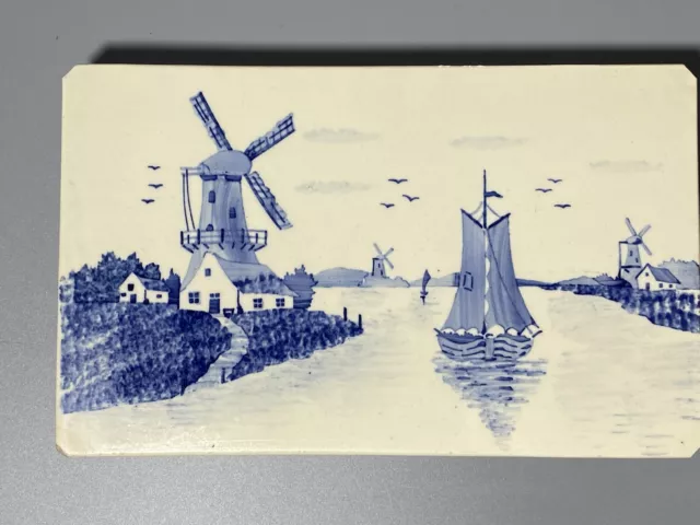 Dutch Delft Tile Blue And White Windmills And Vintage W Defect  Appr 10.25x6.25