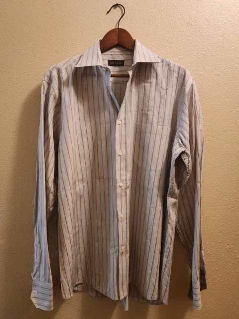 Canali Dress Shirt Men 17 (43) Spread Collar Purple White Striped Designer Italy