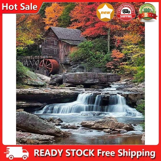 Hut by Waterfall Oil Paint By Numbers DIY Handpainted on Canvas Wall Art Picture