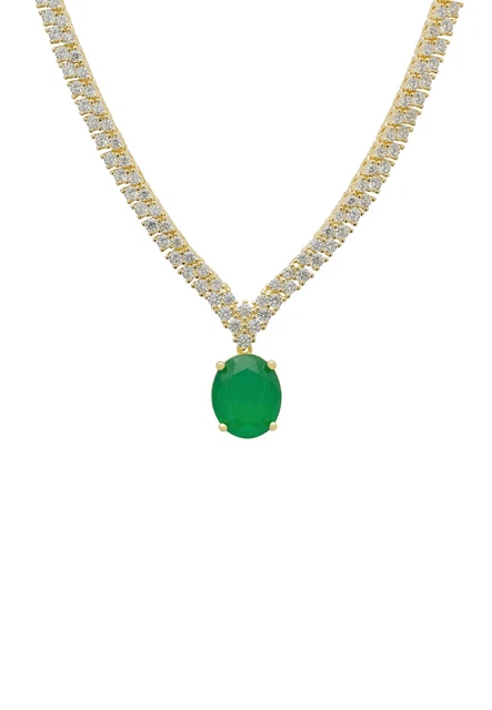 Garbo Oval Gemstone Tennis Necklace Emerald Gold