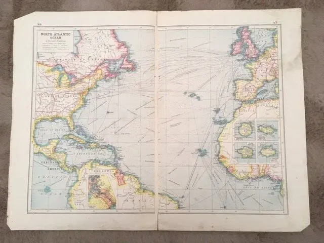 Vintage Harmsworth's New Atlas map of the North Atlantic Ocean