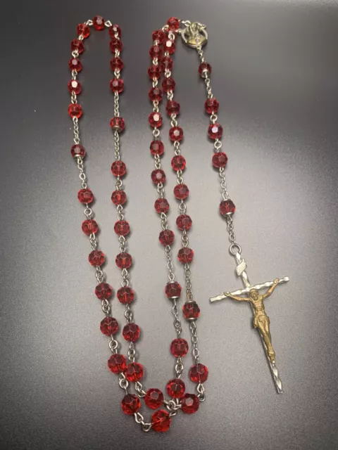 Vintage Catholic Rosary Religious Silver Tone Red Beads Crucifix Cross