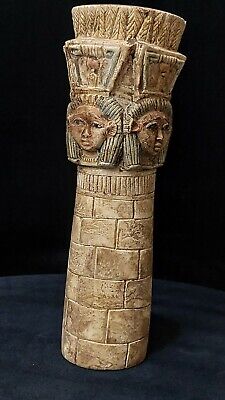 Ancient Egyptian Antiquities Column With Hathor's Face Goddess Of Sky Egypt BC
