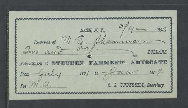 1903 Steuben Farmers Advocate Newspaper Bath Ny Receipt