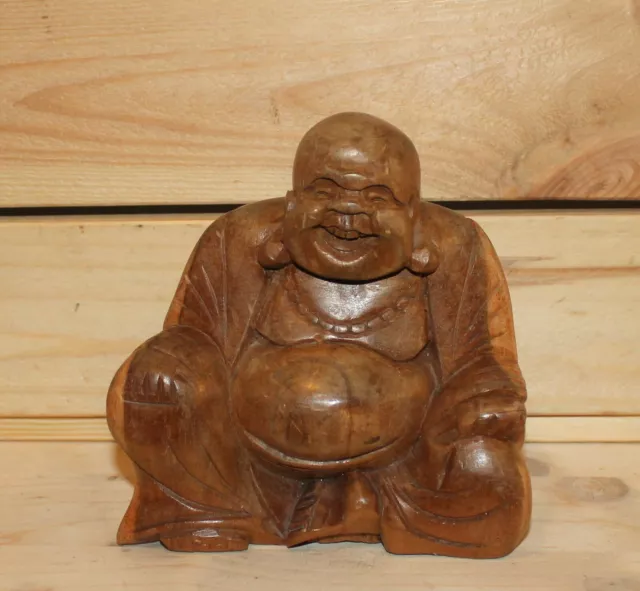 Vintage Asian hand carving wood statuette Budai Laughing Buddha