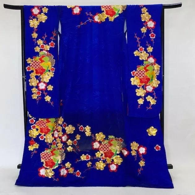 Furisode Color Uchikake VINTAGE Japanese Kimono Silk blue classic 1641