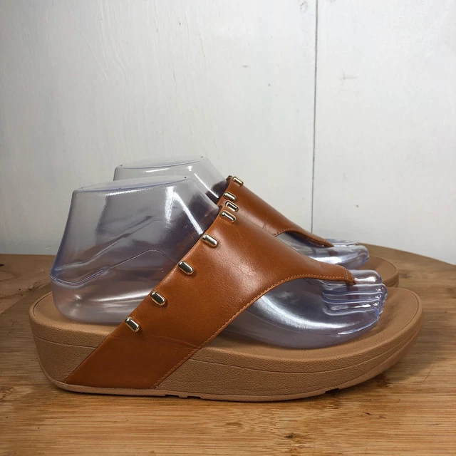 FitFlop Sandals Womens 8 Brown Leather Thong Wedge Walking Shoes Classic Slip On