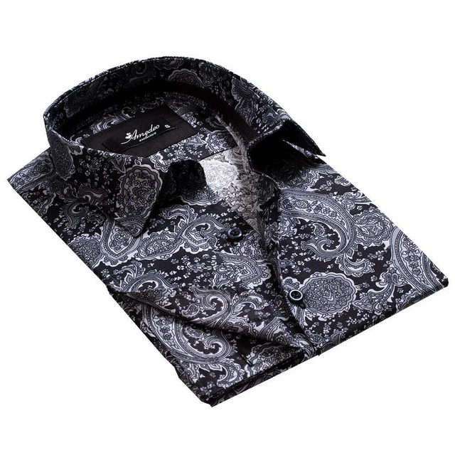 Black Grey Paisley Mens Slim Fit French Cuff Dress Shirts with Cufflink Holes -