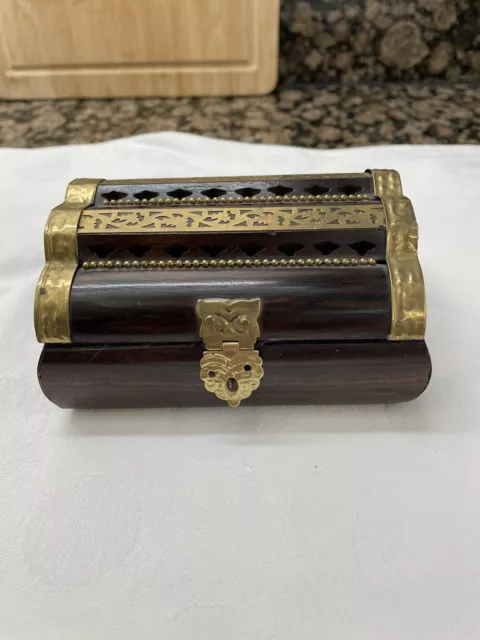 Pretty Dark Wood & Brass Banded Vintage Trinket Box