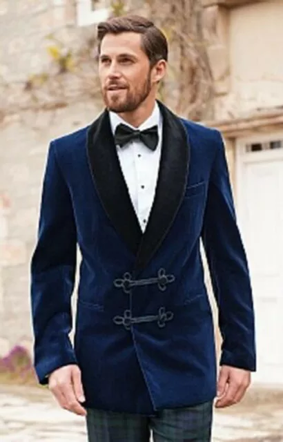 Uomo Blu Navy Fumare Giacche Velluto Design Sposo Festa Matrimonio Abbigliamento