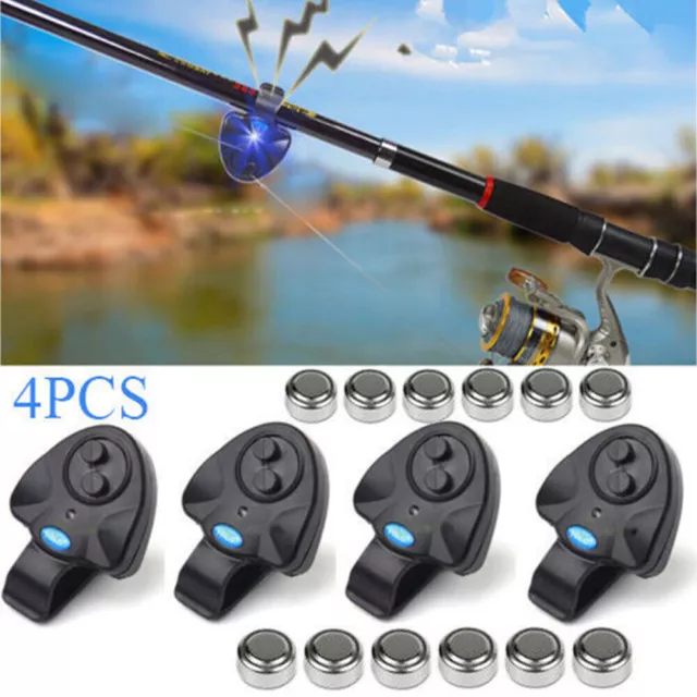 4x Electronic Fish Bite Sound Alarm LED Light Alert Bell Clip-On Fishing Rod