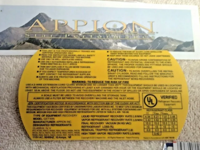 Appion, G5, Refrigerant Recovery Unit, SIDE PANEL WARNING STICKER, PART# LB1201
