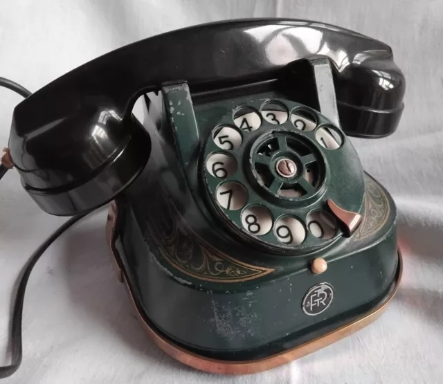 Antique old  green heavy metal bell dial telephone phone belgium