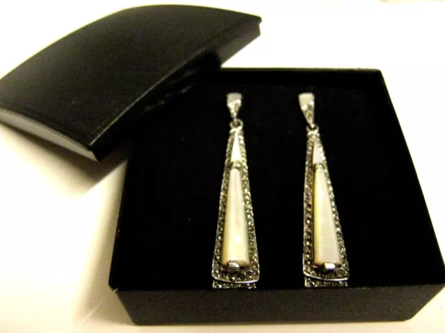 Sterling Silver White Mother of pearl 1920's Antique style Long Dangle Earrings