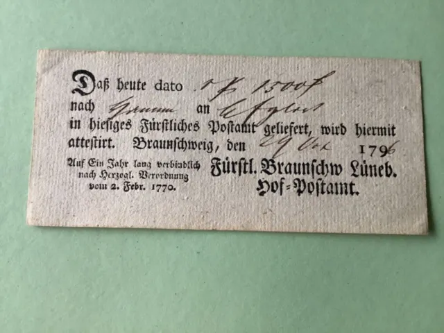 Braunschweig 1796 Prephilately postal note receipt Ref A1485