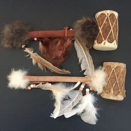 Set of 2 Vintage Hand Made Native American Drum Rattle Shakers Ceremony Prayer Set of 2 Vintage Hand Made Native American Drum Rattle Shakers Ceremony Prayer