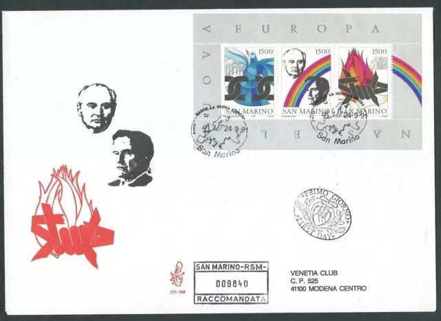 1991 San Marino Fdc Venetia 310 Nuova Europa Timbro Arrivo - Bg-2