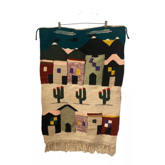 VTG Wool Woven Weaving Southwest Wall Hanging Cactus Desert Village 40”x 25” 3D