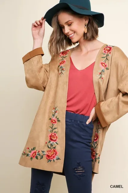 Umgee Camel Brown Boho Floral Embroidered Faux Suede Cardigan Jacket Large