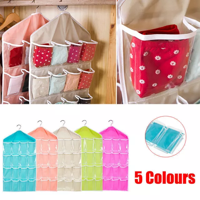 16 Pockets Organizer Clear Hanger Wardrobe Storage Bag Hanging Socks Rack Holder