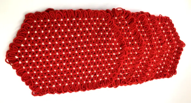 Vintage Hand Crocheted 6 Place Mats 60's 70's Red White Holiday Christmas
