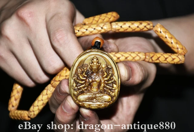16” Old Chinese ox horn Carving Fengshui 18 Arms Guanyin Bodhisattva Pendant