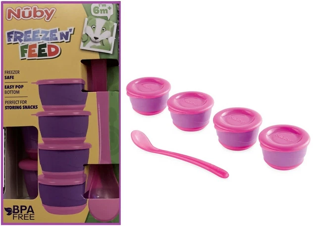 4 ollas con tapas Nuby Freeze N Feed + cuchara de alimentación rosa/púrpura