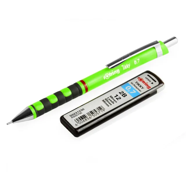 Rotring Tikky Mechanical Pencil - 0.7mm 2B - Neon Green Barrel + Leads + Eraser