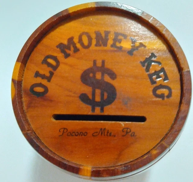 Vintage Pocono Mountains PA Old Money Wooden Barrel Keg Bank with Cork Souvenir