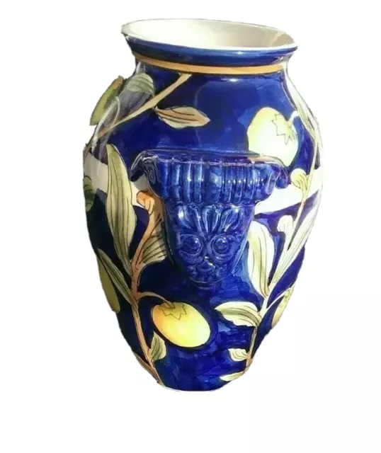 Italian Majolica 8" Vase featuring Olives and Tribal Mask Handles Cobalt Blue
