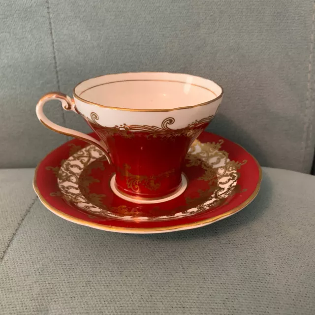 Teacup + Saucer Aynsley Corset Cup  Red + Gold vintage bone china England