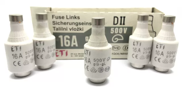 5 x ETI 16amp 500v DII Diazed Fuse, E27 gG-gL Ceramic Bottle Fuse Grey Cap