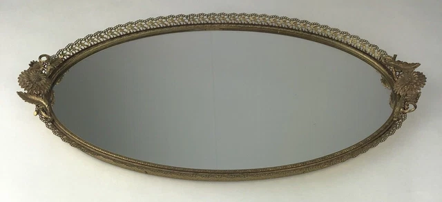 Vintage MATSON Sunflowers Vanity Mirror Tray Flowers Dahlia Leaves Gold Tone