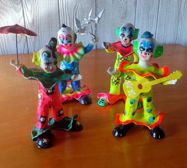 Vtg Fluorescent Creepy Clown Figurine Paper Mache Retro 60s Trippy Haunted Lot
