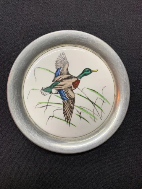 Vtg Reed & Barton Hand Colored Duck Scene Silver Rim Coaster +1 Freebie