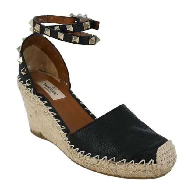 Valentino | Black Leather Rockstud Espadrille Wedges Size: 36