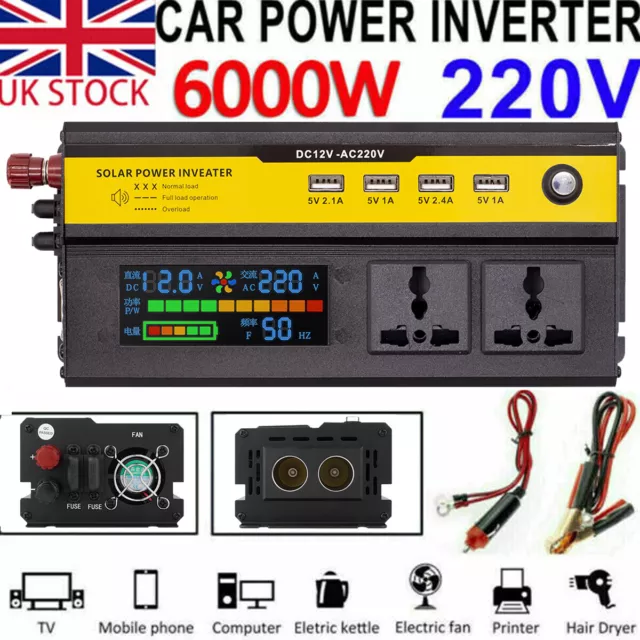 6000W Car Power Inverter Converter DC 12V to AC 240V 4 USB Modified Sine Wave