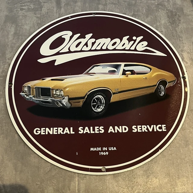 VINTAGE OLDSMOBILE GENERAL Sales Porcelain Sign Gas Oil Service Auto