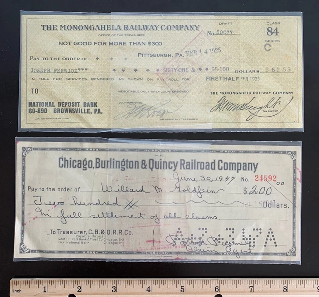 Lot of 2 Vintage Railroad Checks - Monongahela - Chicago, Burlington & Quincy
