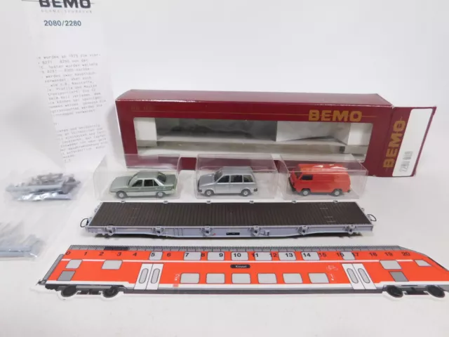 CU735-0,5# Bemo H0m/DC 2280 998 Rungenwagen RhB mit 3 Rietze-PKWs, NEUW+OVP