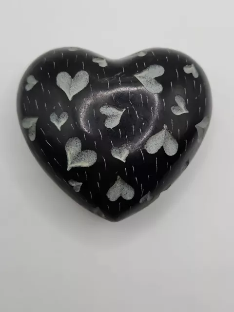 Hand Carved Black Soapstone Heart Shaped Paperweight