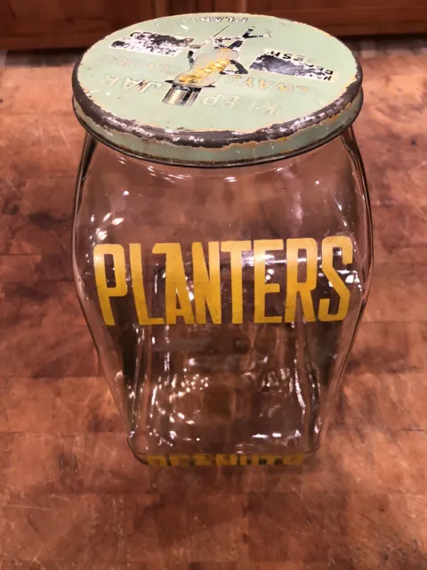 Vintage 1937 Planters Peanut Angled Counter Display Store Jar With Tin Lid