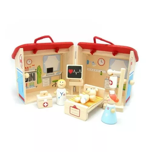 WOODEN Educational Toy HOSPITAL SET Storage Box Handles PRETEND PLAY PRESCHOOL