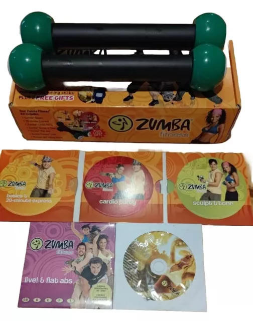 ZUMBA Fitness Workout Exercise DVDs + Toning Sticks Flat Abs Total Body Cardio