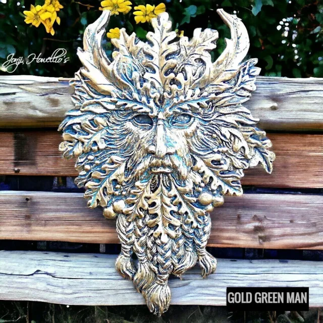 Green Man Garden Wall Plaque Forest God Tree Spirit Face Gold Sculpture Ornament